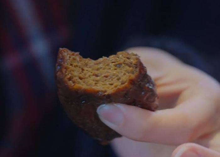 A bite is taken out of a chunk of fried tofu. It looks almost like a juicy burger.